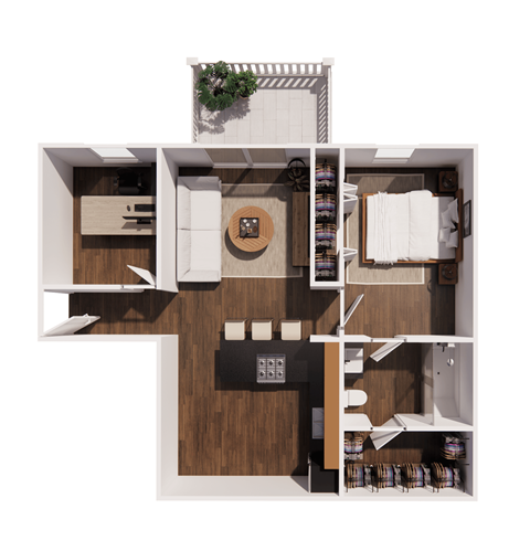 A top-down view of a small apartment with a kitchen, living room, and bedroom.